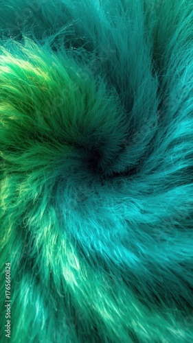 Vibrant swirling texture of soft teal and green faux fur with a dynamic vortex effect and soft lighting