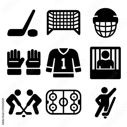 Hockey silhouette icon set. featuring stick, goal, helmet, gloves, jersey, penalty box, players, rink
