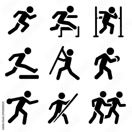Athletics sports silhouette icon set. featuring sprinting, hurdling, pole vault, long jump, javelin, shot put, and discus