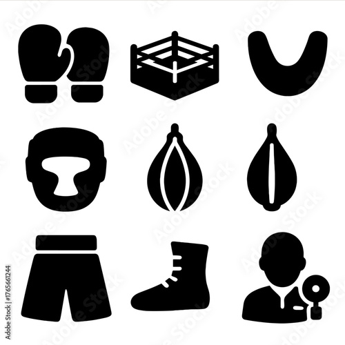 Boxing equipment silhouette icon set. featuring gloves, ring, mouthguard, helmet, speed bag, shorts, boots, coach