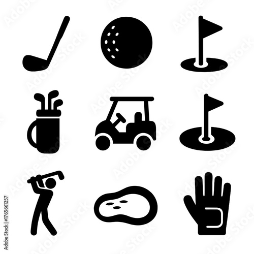 Golf silhouette icon set. featuring club, ball, hole, cart, golfer, course, caddie, and glove symbols