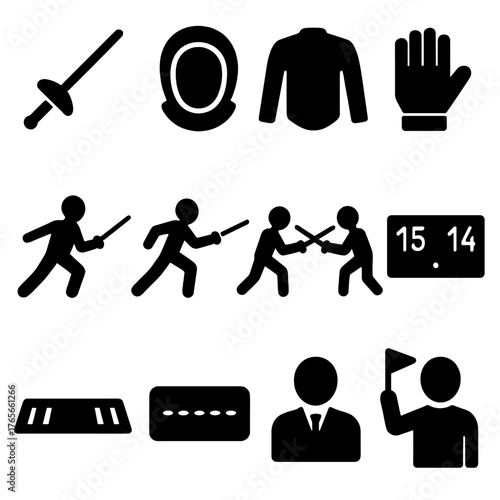 Fencing silhouette icon set. featuring sword, helmet, jacket, glove, fencer, match, score, and referee icons