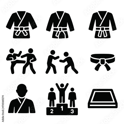 Martial arts silhouette icon set. featuring kimono, sparring, belt, champion, and mat symbols