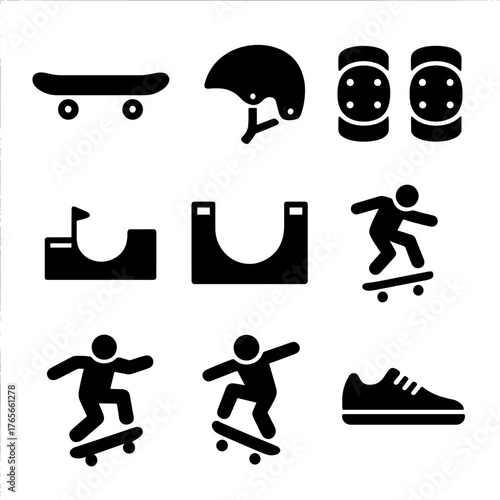 Skateboarding silhouette icon set. featuring skateboard, helmet, pads, ramps, tricks, and shoes symbols