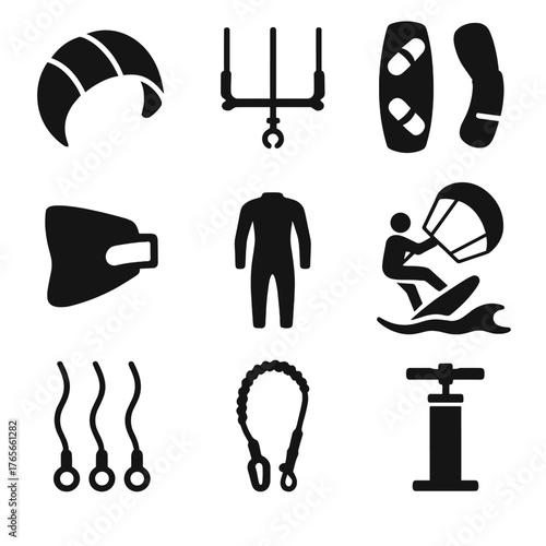 Water sports silhouette icon set. featuring kitesurfing, wetsuit, kite, harness, pump, windsurfing, fins, board