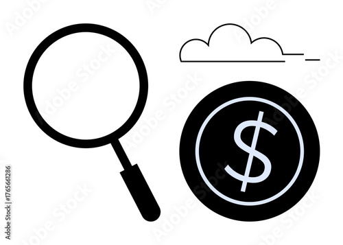 Magnifying glass near a coin with a dollar sign and a cloud line. Ideal for finance, investment, savings, economy, analysis, research, cloud technology. Minimalist flat metaphor
