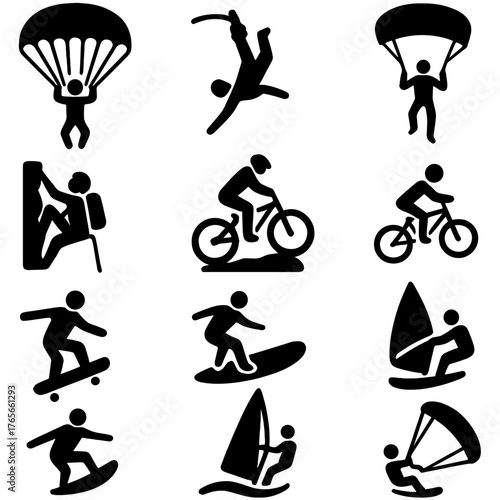 Adventure sports silhouette icon set. featuring climbing, skydiving, biking, surfing, and skateboarding symbols
