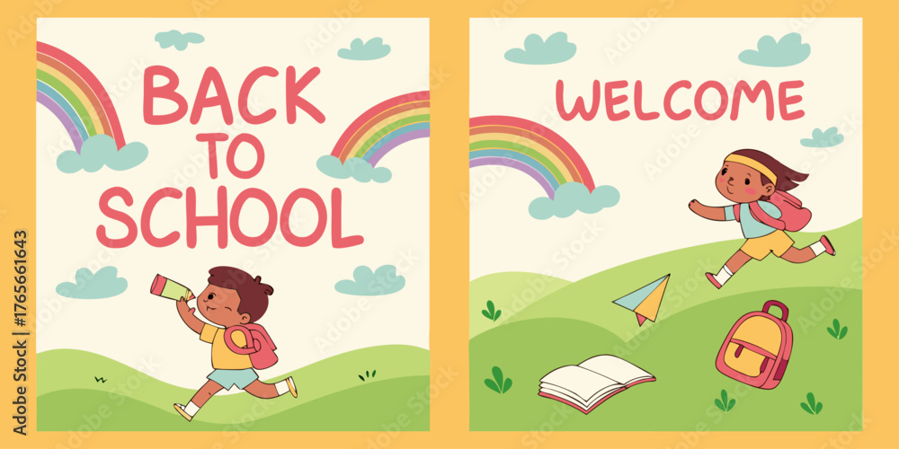 Fototapeta premium Four vertical posters, each promoting Back to School. Each poster features a child, depicted in a cartoon style. Children are various ages, diverse in ethnicity, dressed in simple, colorful clothing
