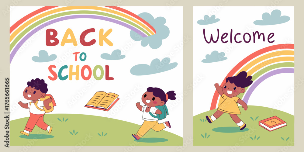 Fototapeta premium Four vertical posters, each promoting Back to School. Each poster features a child, depicted in a cartoon style. Children are various ages, diverse in ethnicity, dressed in simple, colorful clothing