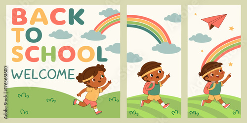 Four vertical posters, each promoting Back to School.  Each poster features a child, depicted in a cartoon style.  Children are various ages, diverse in ethnicity, dressed in simple, colorful clothing