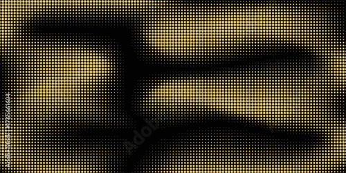 Abstract luxury banner with golden glittering dots on black background. Sparkling glitter bottom border, vector frame. Halftone effect. Magical gold dust. Pop art style backdrop.
