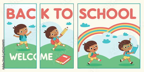 Four vertical posters, each promoting Back to School.  Each poster features a child, depicted in a cartoon style.  Children are various ages, diverse in ethnicity, dressed in simple, colorful clothing