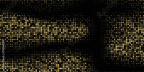 Abstract luxury banner with golden glittering dots on black background. Sparkling glitter bottom border, vector frame. Halftone effect. Magical gold dust. Pop art style backdrop.