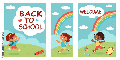 Four vertical posters, each promoting Back to School.  Each poster features a child, depicted in a cartoon style.  Children are various ages, diverse in ethnicity, dressed in simple, colorful clothing
