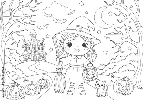 A charming Halloween coloring page of a little witch with her cat and pumpkins, an illustration for a kids' activity book