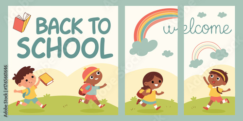 Four vertical posters, each promoting Back to School.  Each poster features a child, depicted in a cartoon style.  Children are various ages, diverse in ethnicity, dressed in simple, colorful clothing