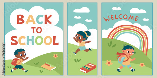 Four vertical posters, each promoting Back to School.  Each poster features a child, depicted in a cartoon style.  Children are various ages, diverse in ethnicity, dressed in simple, colorful clothing