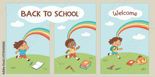 Four vertical posters, each promoting Back to School.  Each poster features a child, depicted in a cartoon style.  Children are various ages, diverse in ethnicity, dressed in simple, colorful clothing