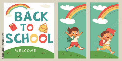 Four vertical posters, each promoting Back to School.  Each poster features a child, depicted in a cartoon style.  Children are various ages, diverse in ethnicity, dressed in simple, colorful clothing
