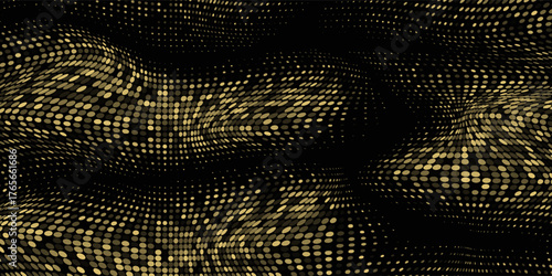 Abstract luxury banner with golden glittering dots on black background. Sparkling glitter bottom border, vector frame. Halftone effect. Magical gold dust. Pop art style backdrop.