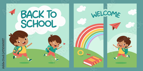 Four vertical posters, each promoting Back to School.  Each poster features a child, depicted in a cartoon style.  Children are various ages, diverse in ethnicity, dressed in simple, colorful clothing