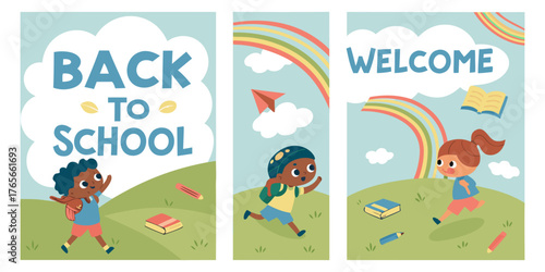 Four vertical posters, each promoting Back to School.  Each poster features a child, depicted in a cartoon style.  Children are various ages, diverse in ethnicity, dressed in simple, colorful clothing