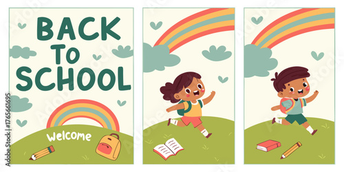 Four vertical posters, each promoting Back to School.  Each poster features a child, depicted in a cartoon style.  Children are various ages, diverse in ethnicity, dressed in simple, colorful clothing