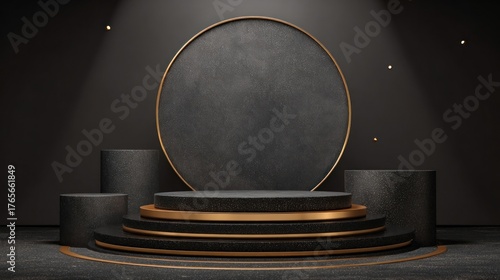 Black Friday banner background featuring a podium platform with black and gold elements on a dark scene for product display