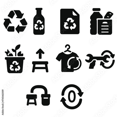 Recycling and waste management silhouette icon set. featuring bin, bottle, paper, compost, reuse, and repair symbols