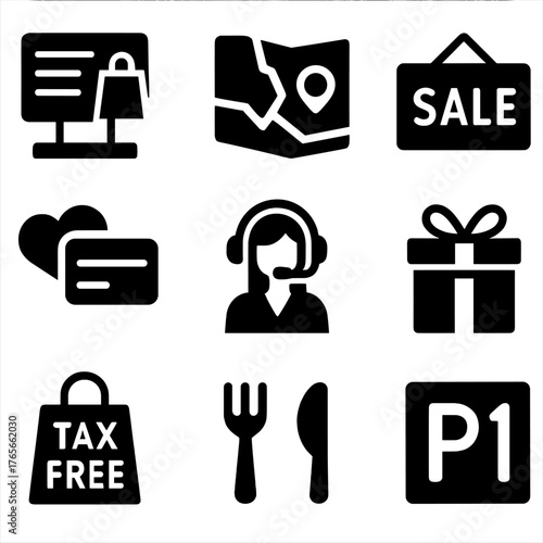 Travel and shopping silhouette icon set. featuring map, sale, gift, shopping bag, tax free, parking, and dining symbols