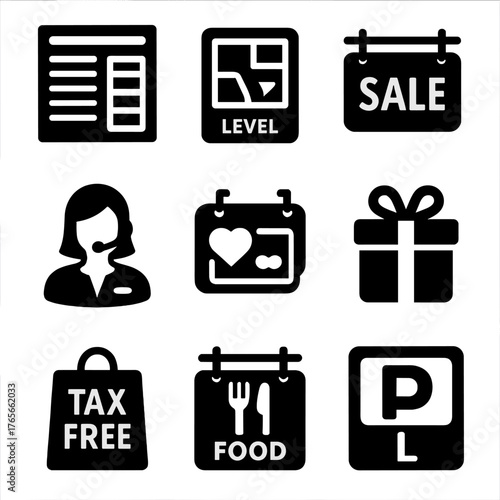 Shopping and service silhouette icon set. featuring sale, level, tax free, food, gift, calendar, and parking symbols