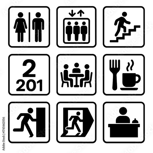 Office and facility silhouette icon set. restroom, elevator, stairs, room number, meeting, cafeteria, emergency, reception