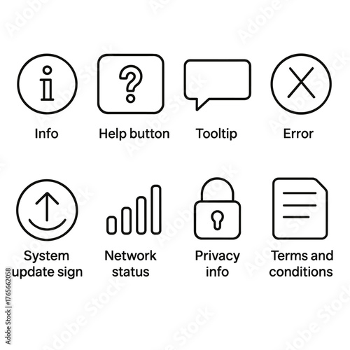 Tech interface linear icon set. featuring info, help button, tooltip, error, system update, network, and privacy symbols
