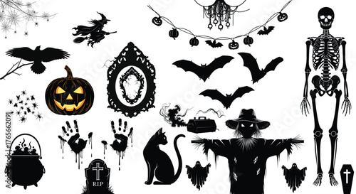 Spooky halloween silhouettes with witch, pumpkin, skeleton, crow, bat, scarecrow and other scary elements