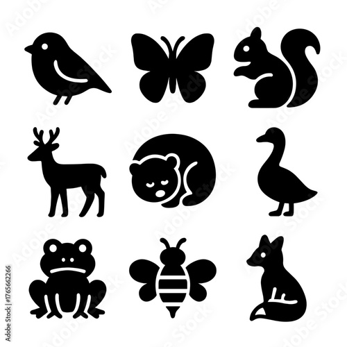 Wildlife silhouette icon set. featuring bird, butterfly, squirrel, deer, bear, goose, frog, bee, fox