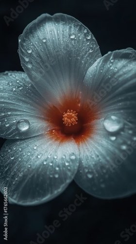 Stunning macro view of delicate white flower petals adorned with glistening water droplets after rain