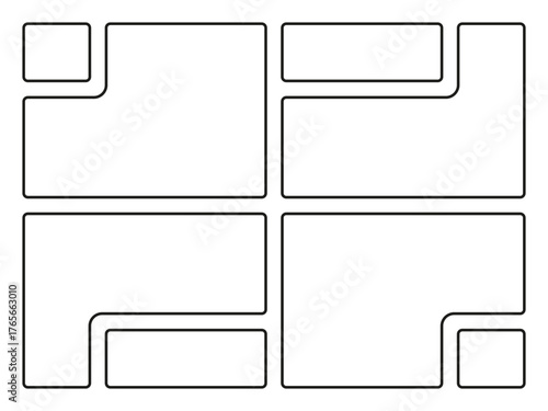 Modern abstract bento-style grid layout template with rounded shapes and minimal black outlines. Perfect for UI design, social media collages, posters, and modern web layouts.