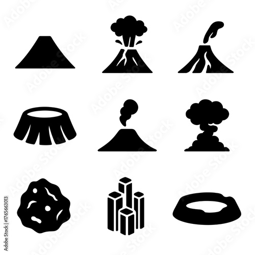 Geological events silhouette icon set. featuring volcano, eruption, caldera, lava, crater, and island symbols
