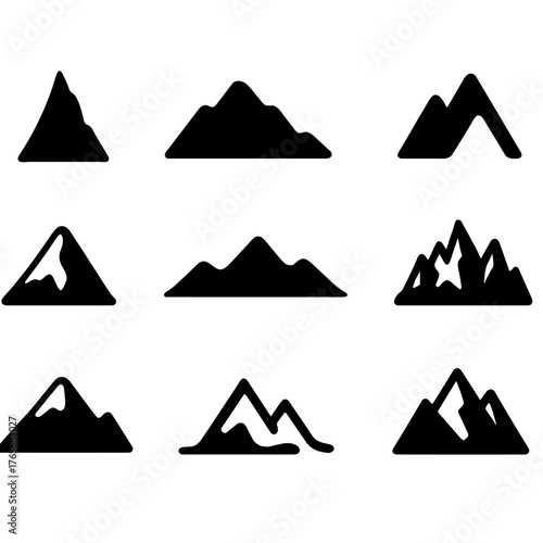 Mountain landscape silhouette icon set. featuring peak, hill, summit, range, and ridge symbols