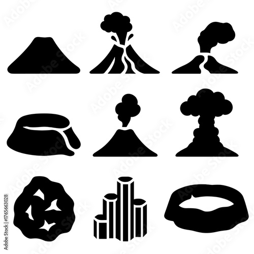 Volcano silhouette icon set. featuring erupting, mountain, lava, ash cloud, crater, and caldera icons