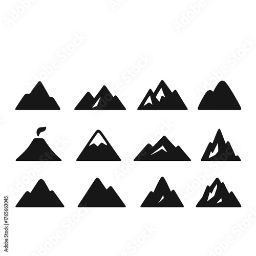 Mountains silhouette icon set. including peaks, volcano, snowy, rocky, alpine, and hilly symbols