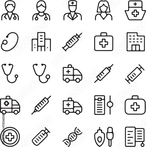 Medical icons doctor nurse stethoscope syringe ambulance hospital D N A healthcare