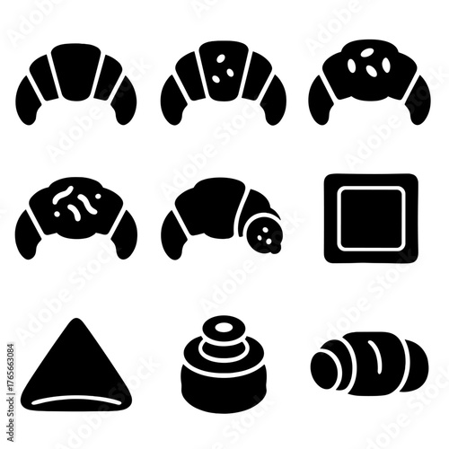 Bakery silhouette icon set. featuring croissant, cookies, napkin, cake, and roll symbols