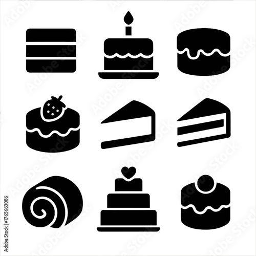 Bakery desserts silhouette icon set. featuring cakes, slice, roll, tiers, strawberry, and icing designs