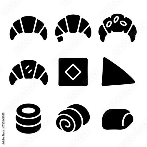 Bakery goods silhouette icons set. featuring croissant, bread roll, doughnut, pie slice, and biscuit symbols