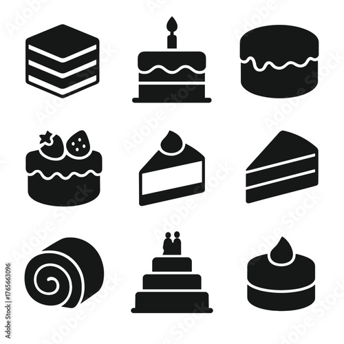 Dessert silhouette icon set. featuring cake, cupcake, pie, wedding cake, and roll symbols