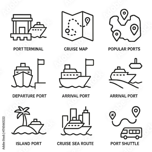 Port and cruise linear icon set. featuring terminal, map, route, island, and shuttle symbols