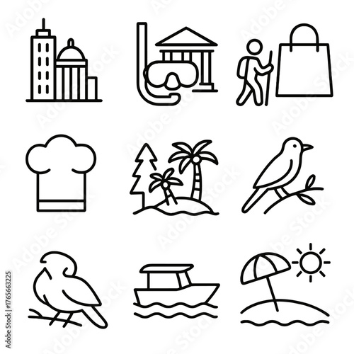 Travel and leisure linear icon set. featuring city, scuba diving, shopping, dining, nature, boating, beach, bird