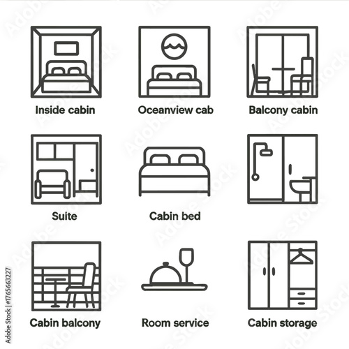 Hotel room linear icon set. featuring inside cabin, oceanview cab, balcony cabin, suite, cabin bed, room service