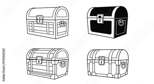 Black and white illustration depicting four vintage treasure chests with locks